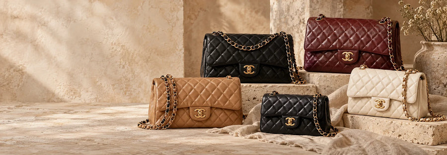 Various sizes of authentic pre-owned Chanel Classic Flap bags arranged together at LUX&MO