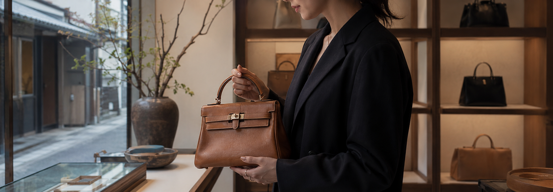A stylish shopper holding a vintage luxury designer bag inside an authentic Japanese vintage store