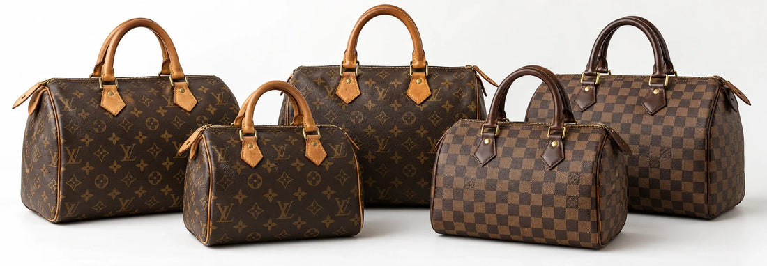 An assortment of classic Louis Vuitton Speedy bags in different sizes and materials displayed at LUX&MO