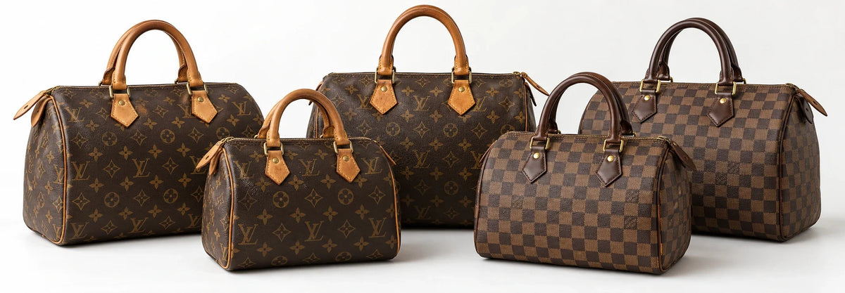 An assortment of classic Louis Vuitton Speedy bags in different sizes and materials displayed at LUX&MO
