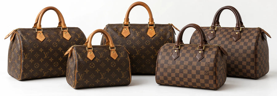 An assortment of classic Louis Vuitton Speedy bags in different sizes and materials displayed at LUX&MO