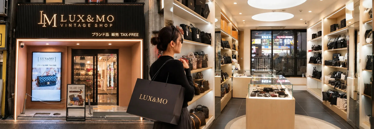 The exterior storefront and interior luxury display of LUX&MO vintage shop in Shinsaibashi, Osaka