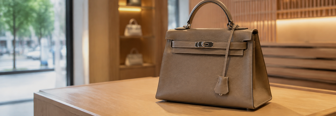 An authentic pre-owned Hermès leather handbag displayed neatly in a luxury retail setting at LUX&MO