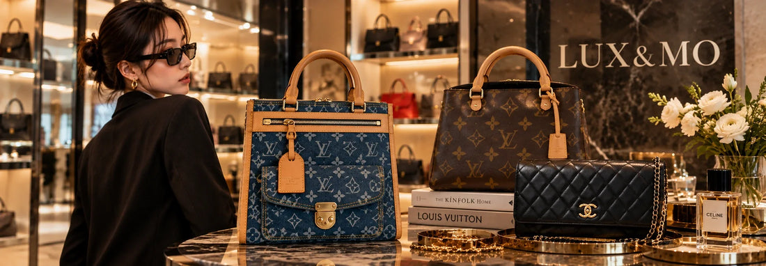 A trendy Y2K style pre-owned designer shoulder bag displayed in a luxury boutique setting at LUX&MO