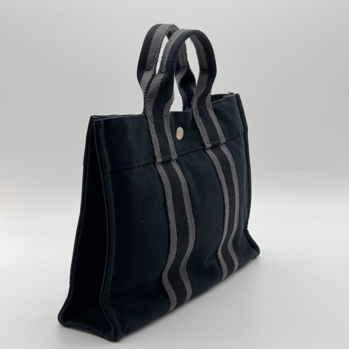 Hermes Striped Canvas Fourre Tout PM Black Tote Bag
