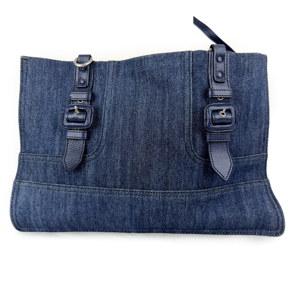 Prada Etiquette Denim Tote Bag Calfskin Leather Strap 2Way Shoulder Bag