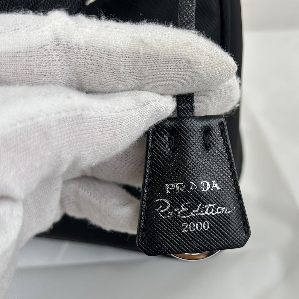 Prada Nylon Hobo Shoulder Bag Black Silver Triangle Logo Top Handle Bag