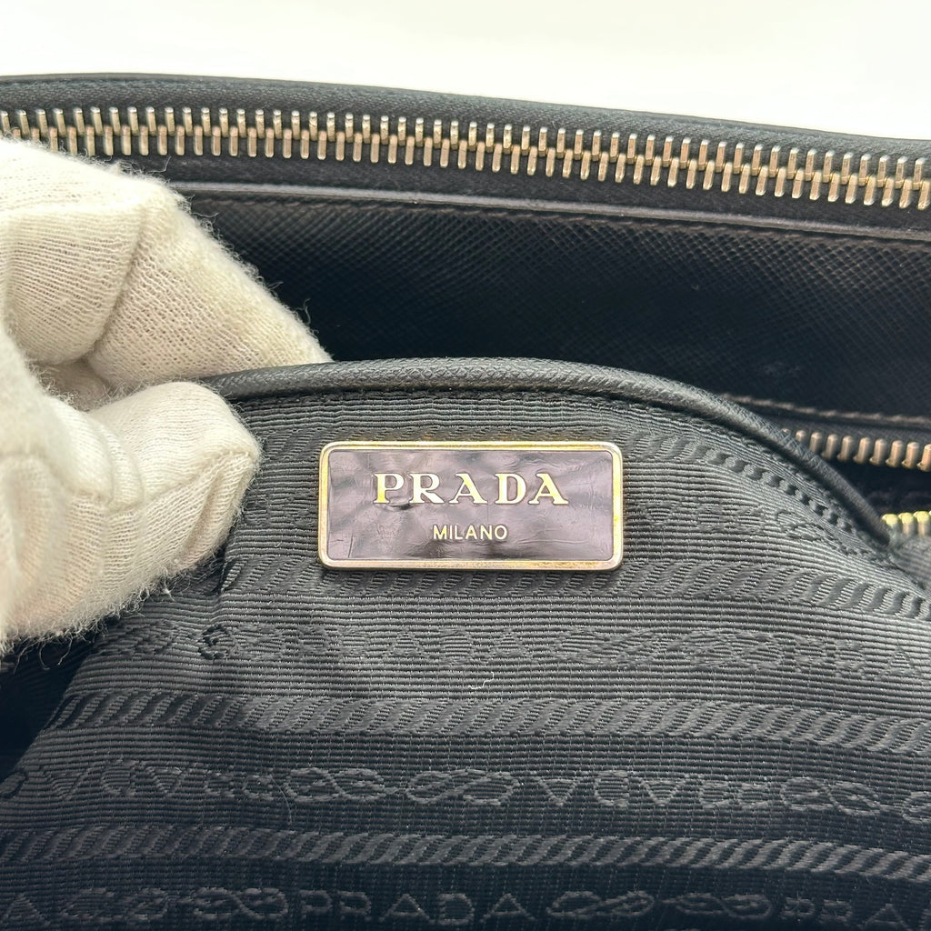 Prada Galleria Saffiano 2Way Handbag Shoulder Bag Black Gold