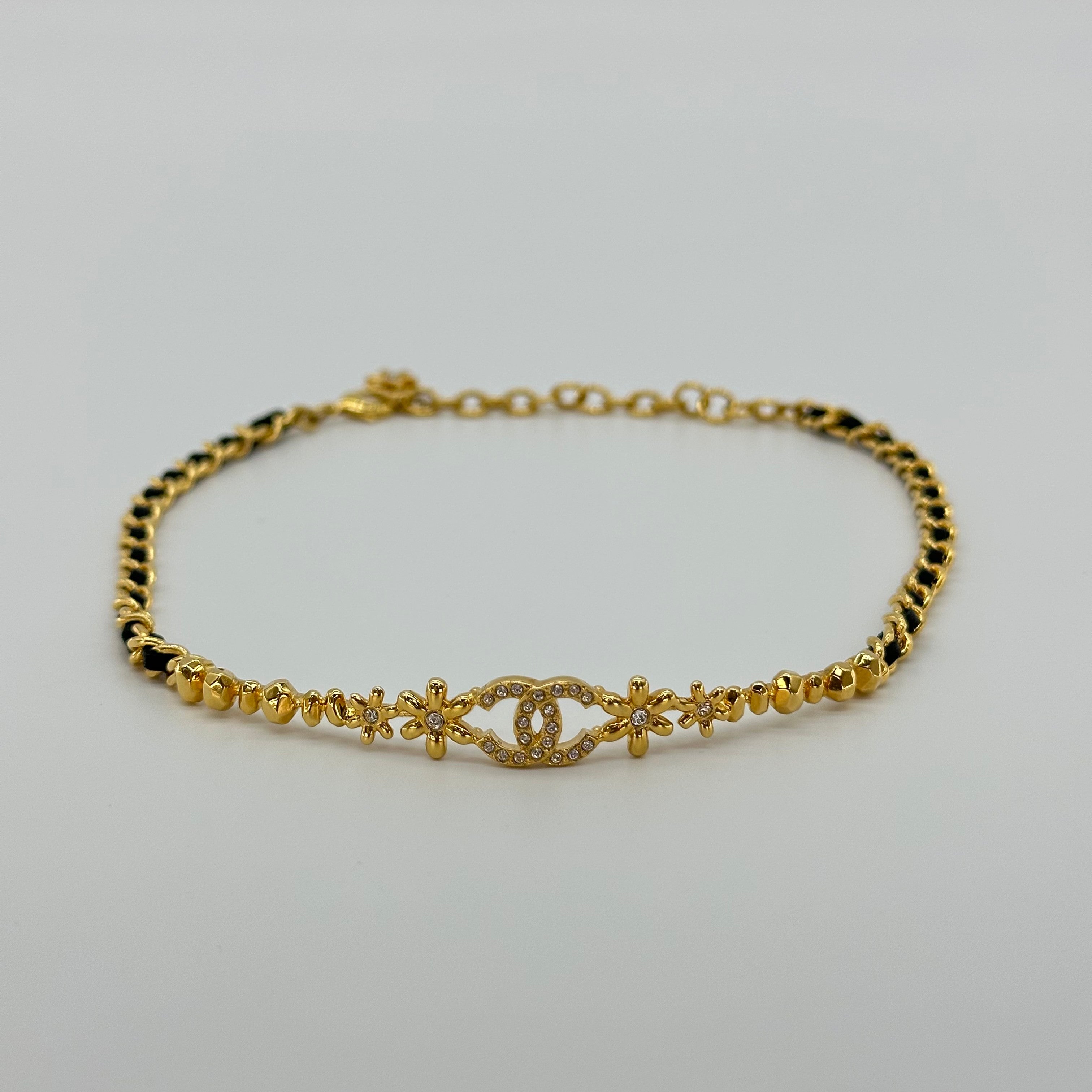 Chanel Leather Chain Choker with Double CC Rhinestone Logo Necklace