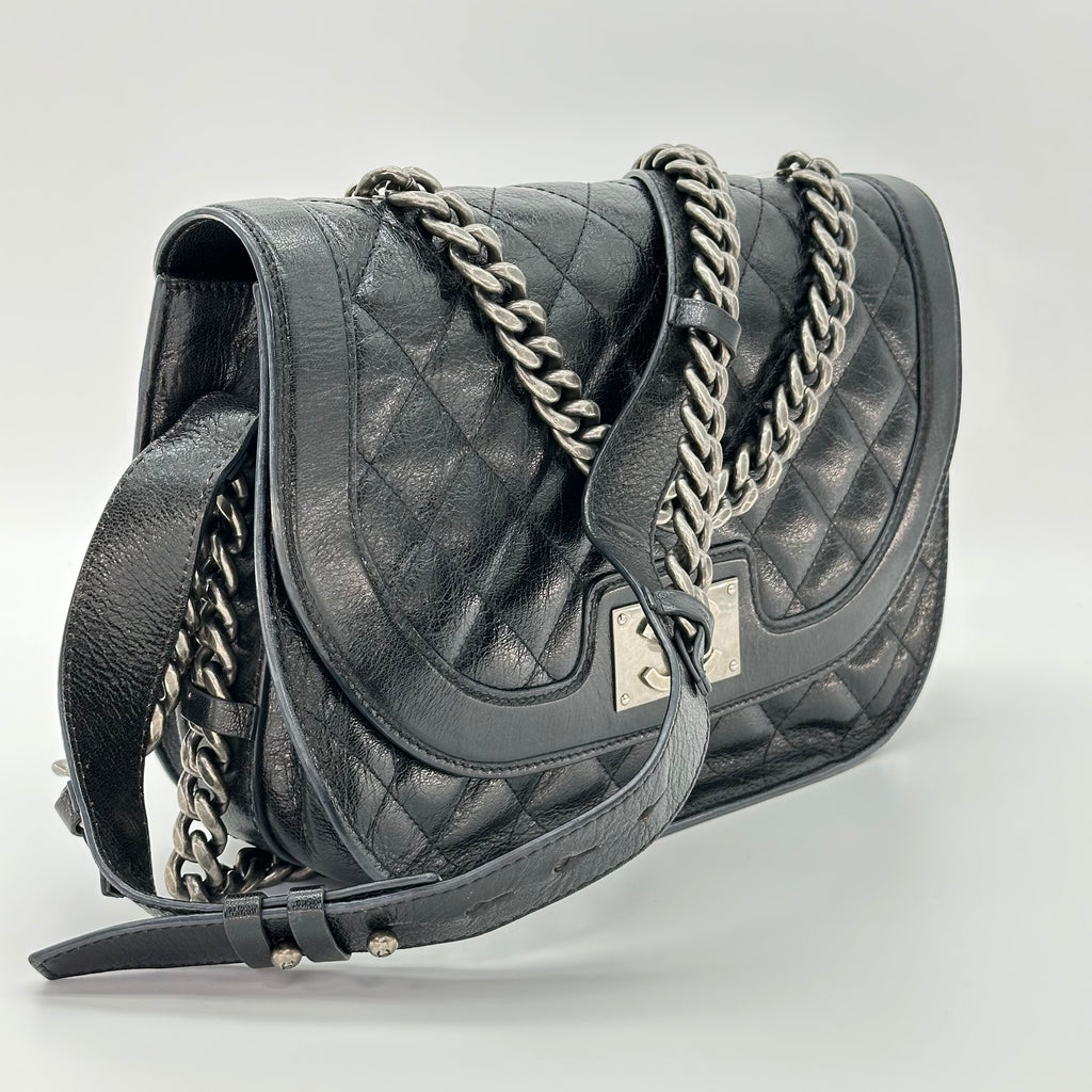 Chanel Double Chained Saddle Goatskin Leather Messenger Bag Black 21 Series
