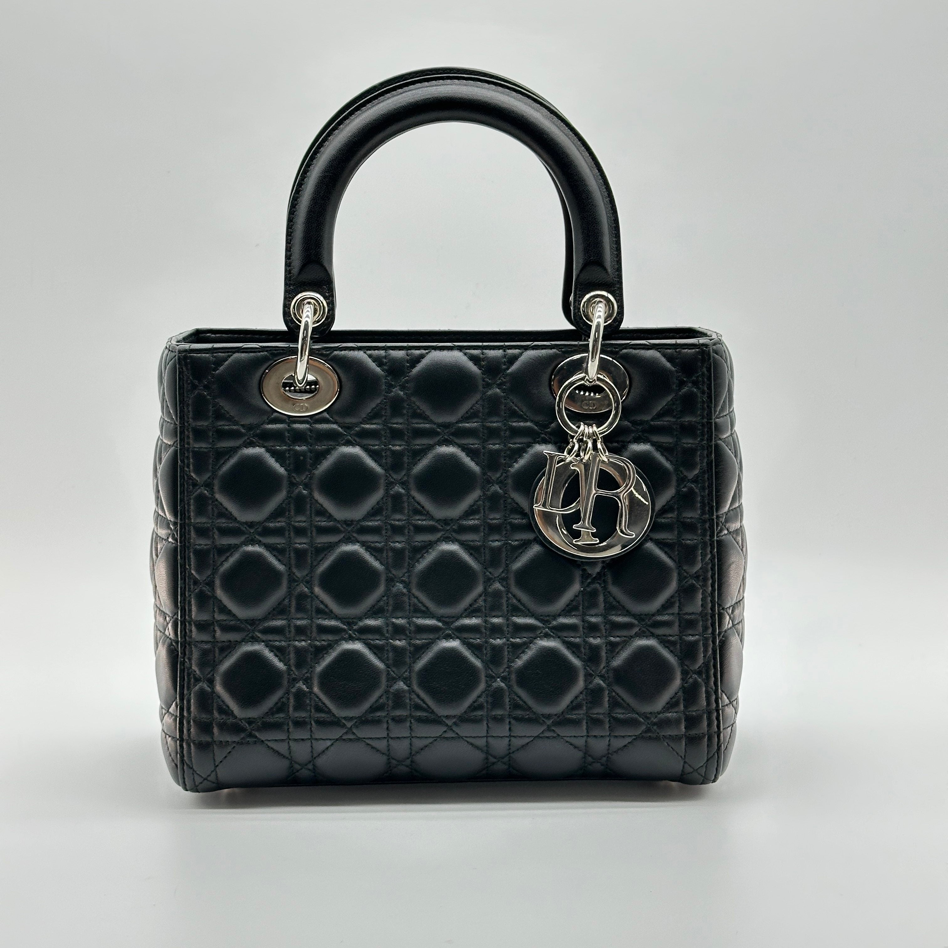 christian dior cannage lady dior leather 2 way handbag black