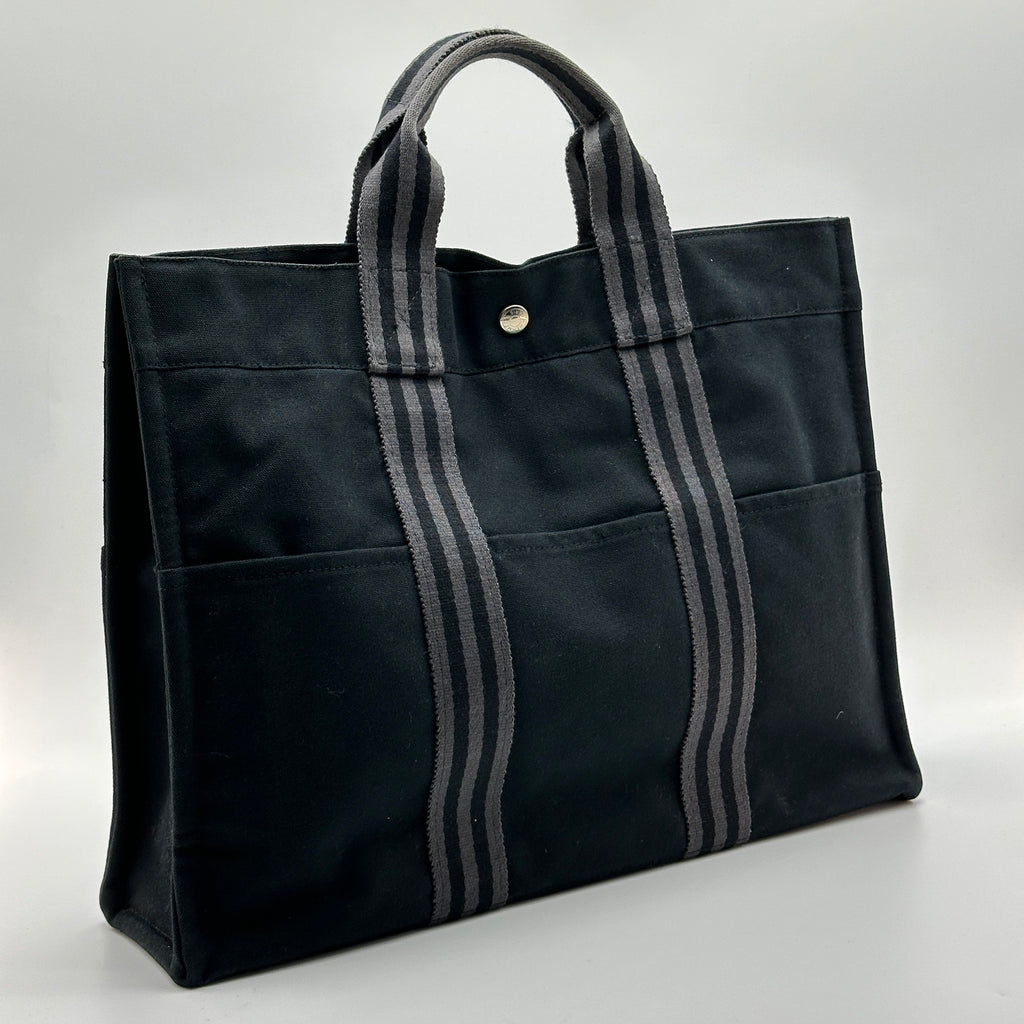 Hermes Herline MM Black Gray Canvas Tote Bag