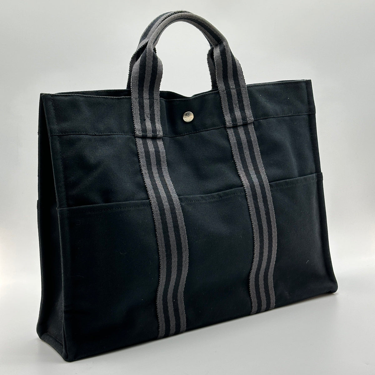 Hermes Herline MM Black Gray Canvas Tote Bag