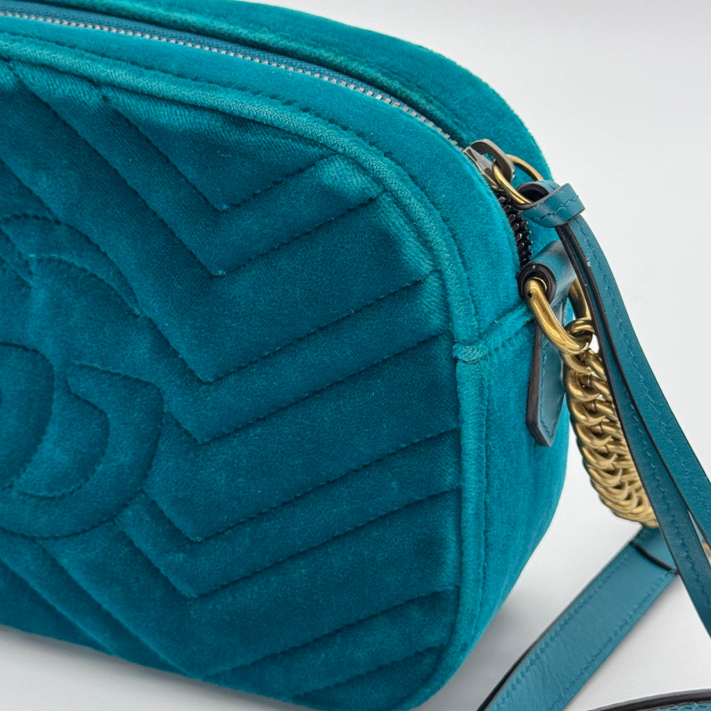 Gucci Quilted Velvet GG Marmont Small Teal Crossbody Bag