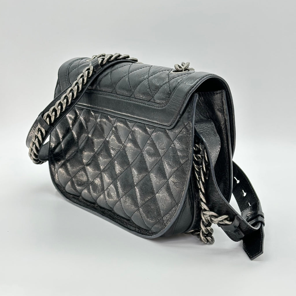 Chanel Double Chained Saddle Goatskin Leather Messenger Bag Black 21 Series