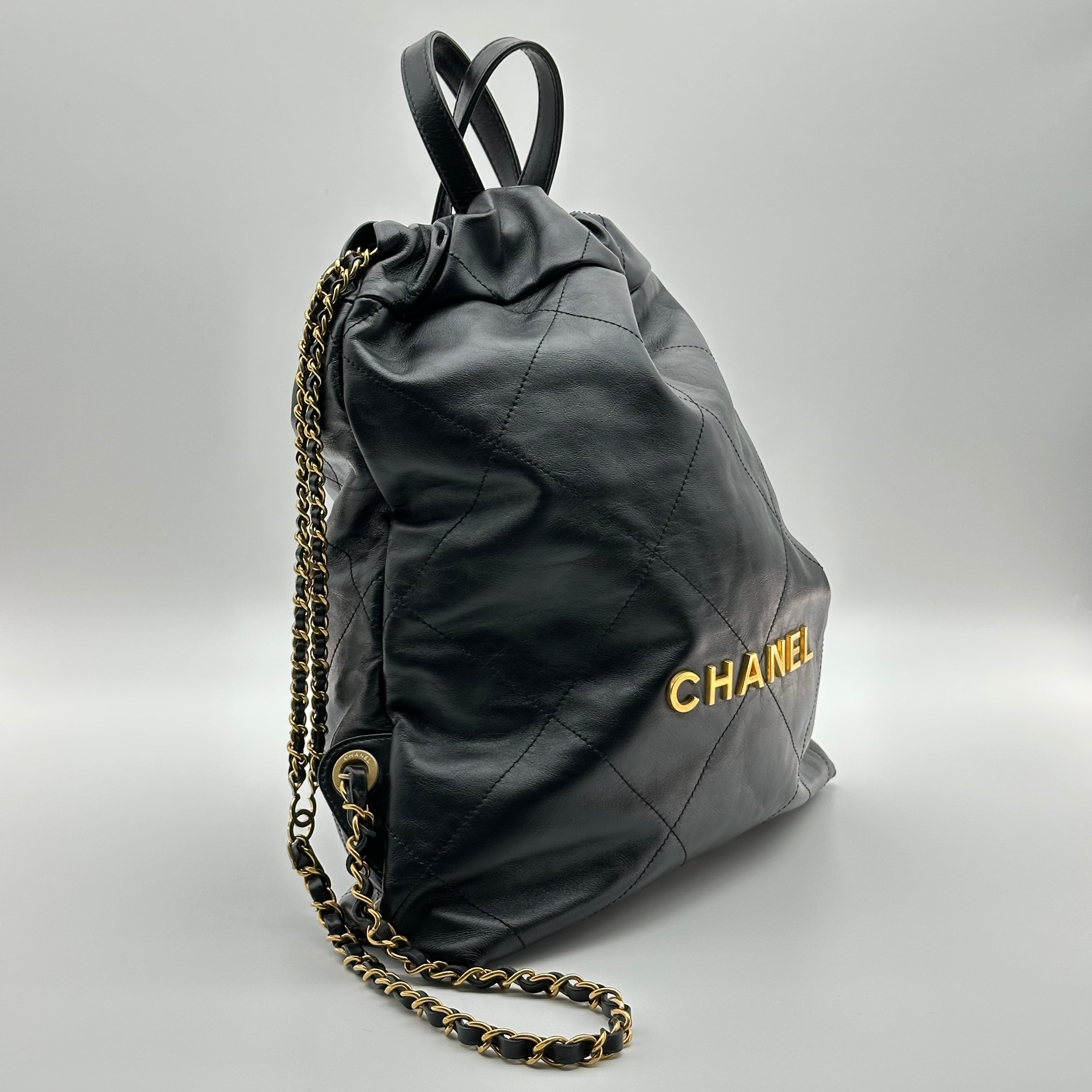 CHANEL 22 Backpack Black Calfskin Gold Hardware small