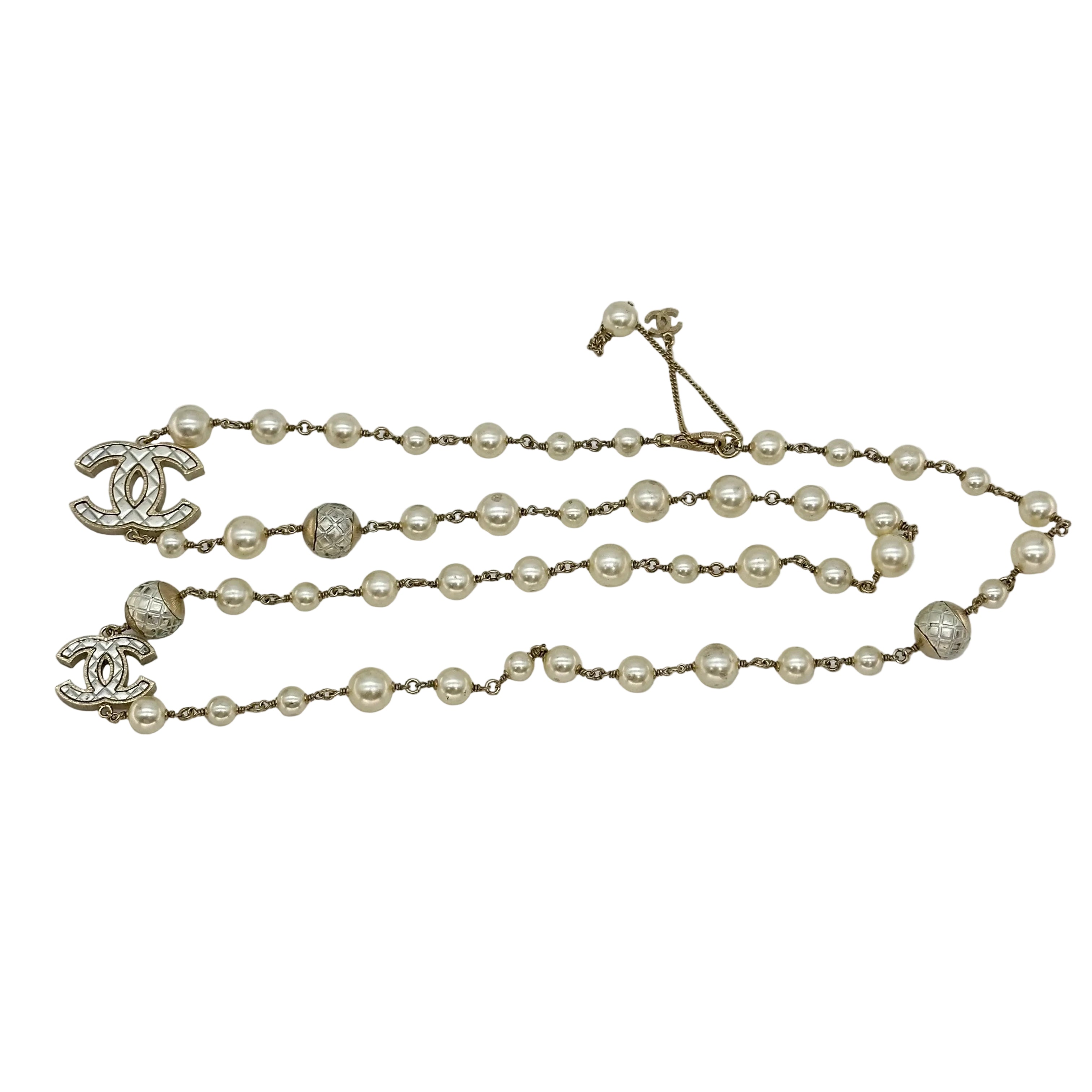 Chanel Double C Pearl Sweater Chain Necklace