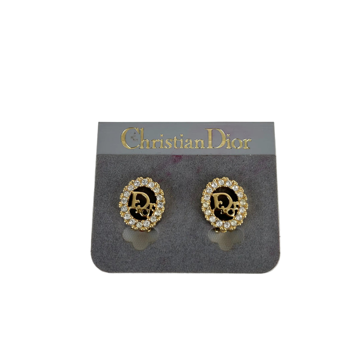 Christian Dior Oval Rhinestone Gold Tone Logo  Earrings Vintage Jewelry