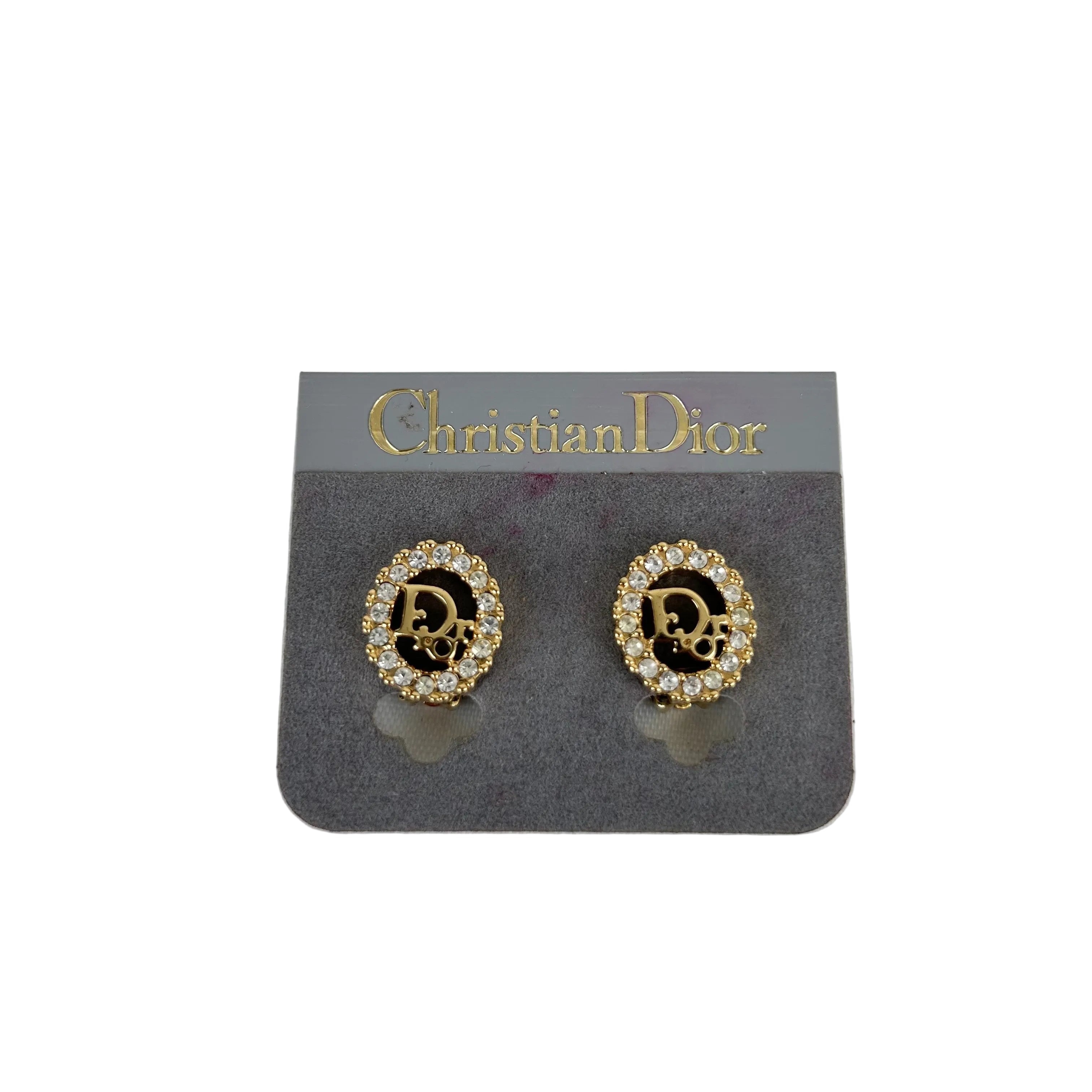 Christian Dior Oval Rhinestone Gold Tone Logo  Earrings Vintage Jewelry