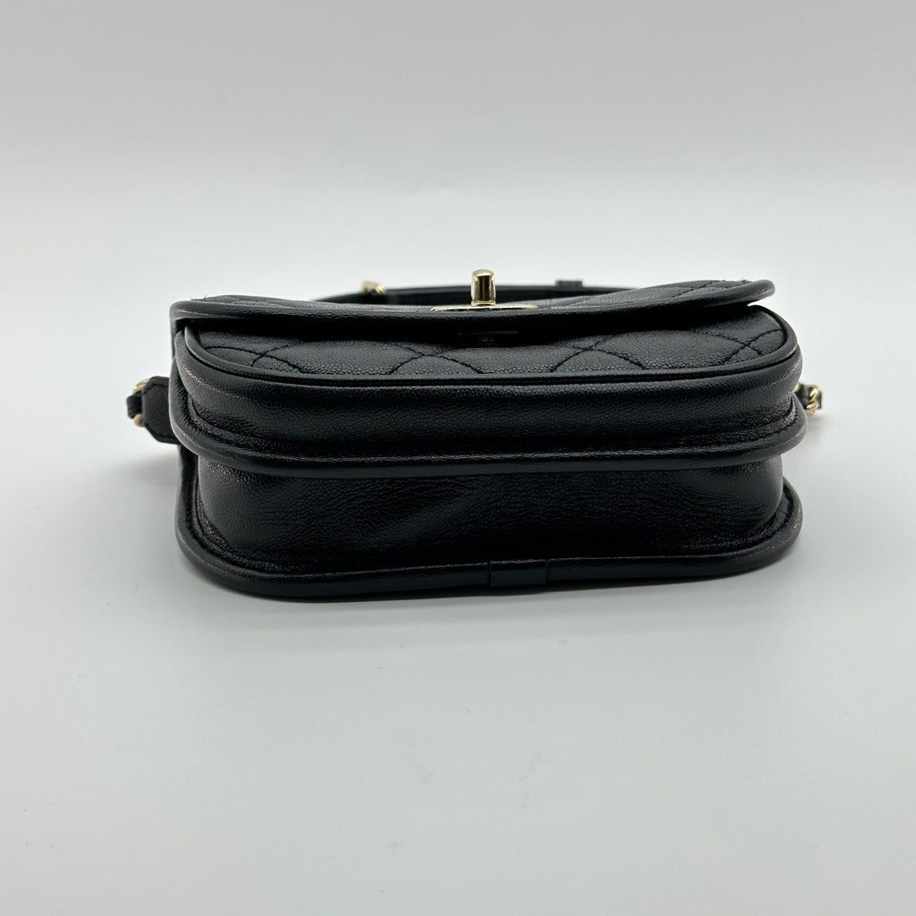 chanel black caviar quilted leather mini round messenger bag