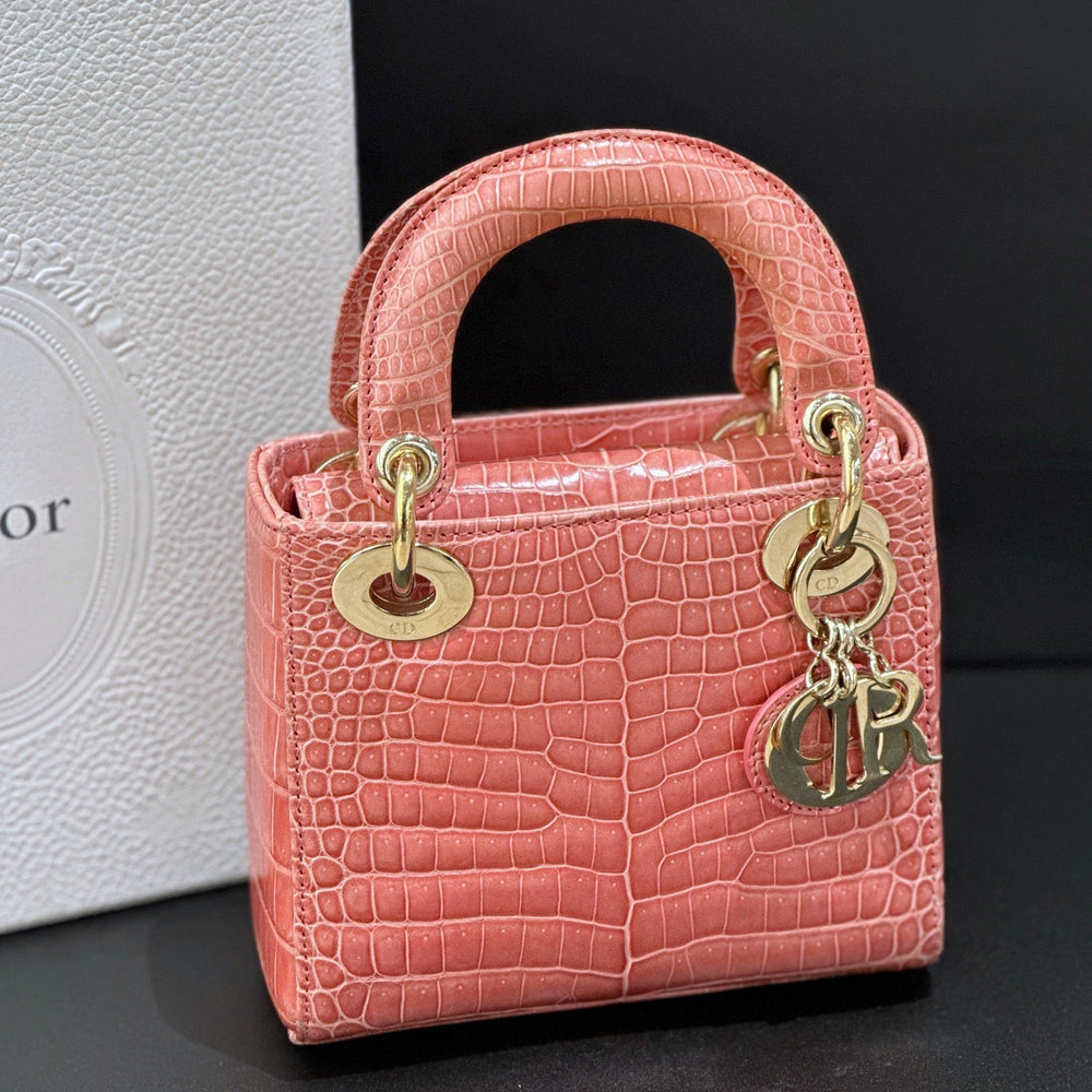 Dior Lady Dior Mini Pink Crocodile Leather Handbag