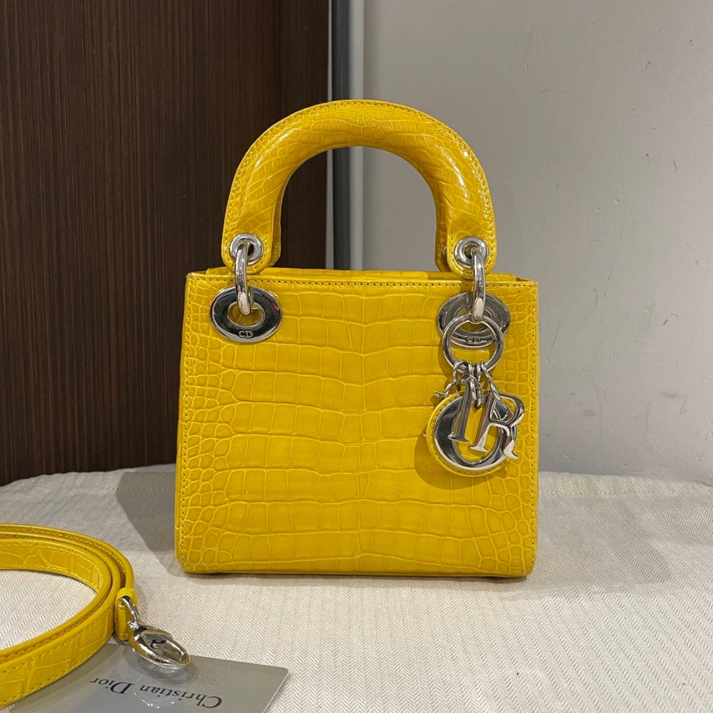 Dior Lady Dior Mini Yellow Crocodile Leather Handbag
