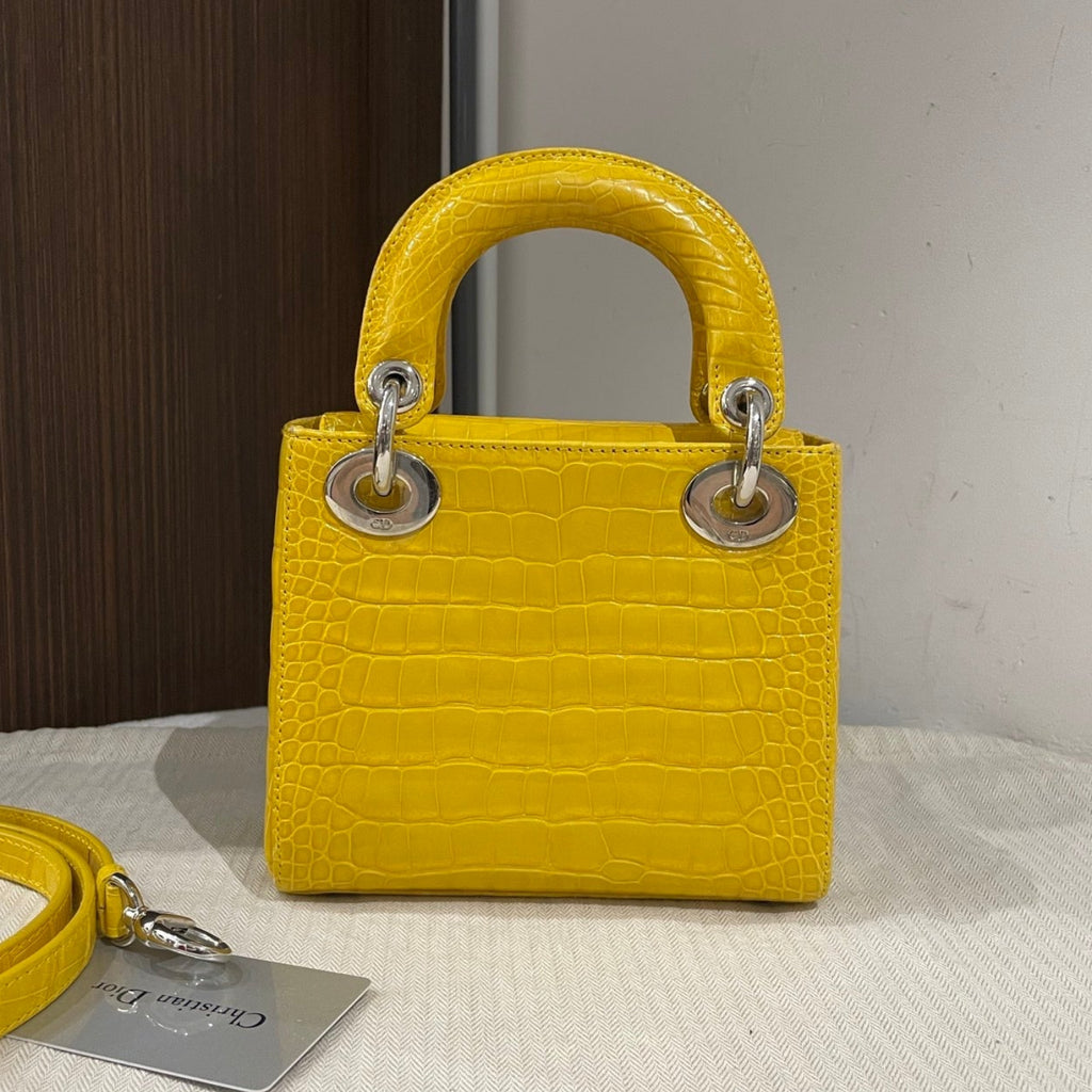 Dior Lady Dior Mini Yellow Crocodile Leather Handbag