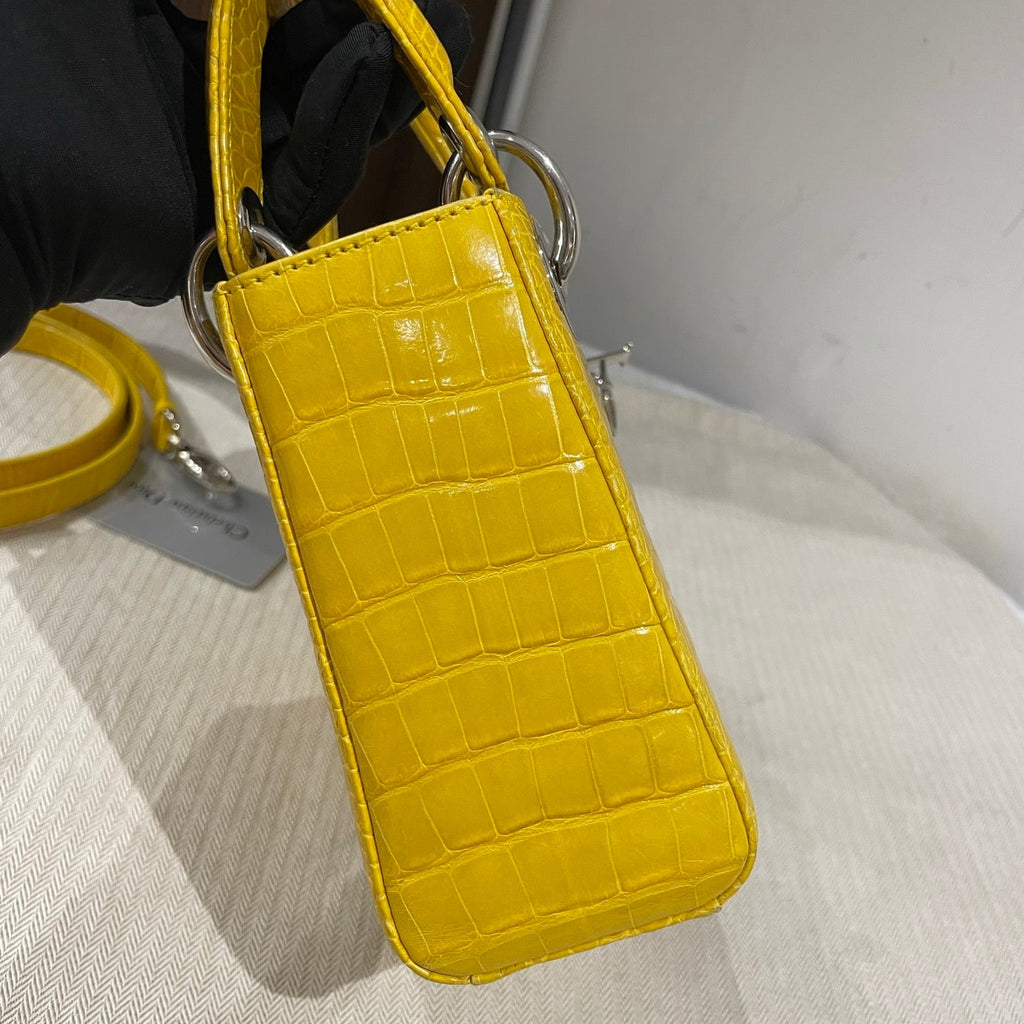 Dior Lady Dior Mini Yellow Crocodile Leather Handbag