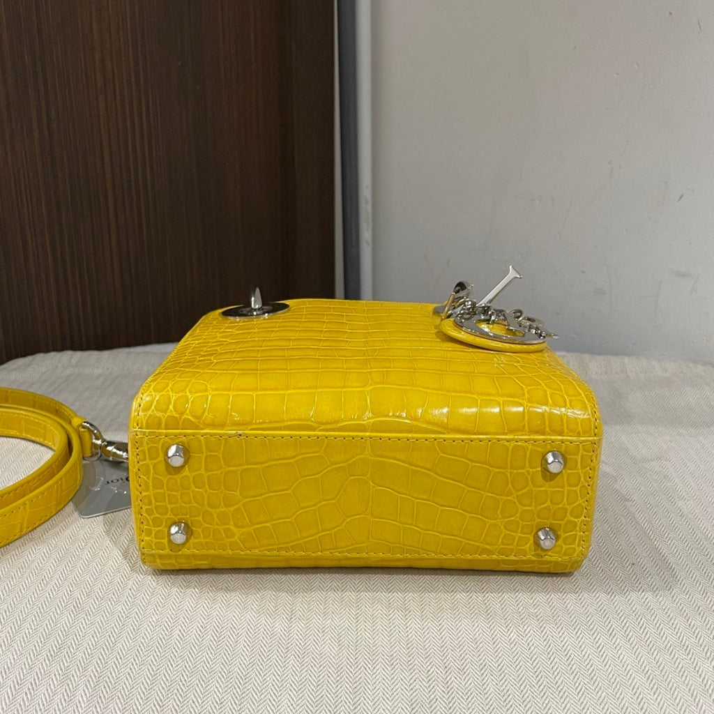Dior Lady Dior Mini Yellow Crocodile Leather Handbag