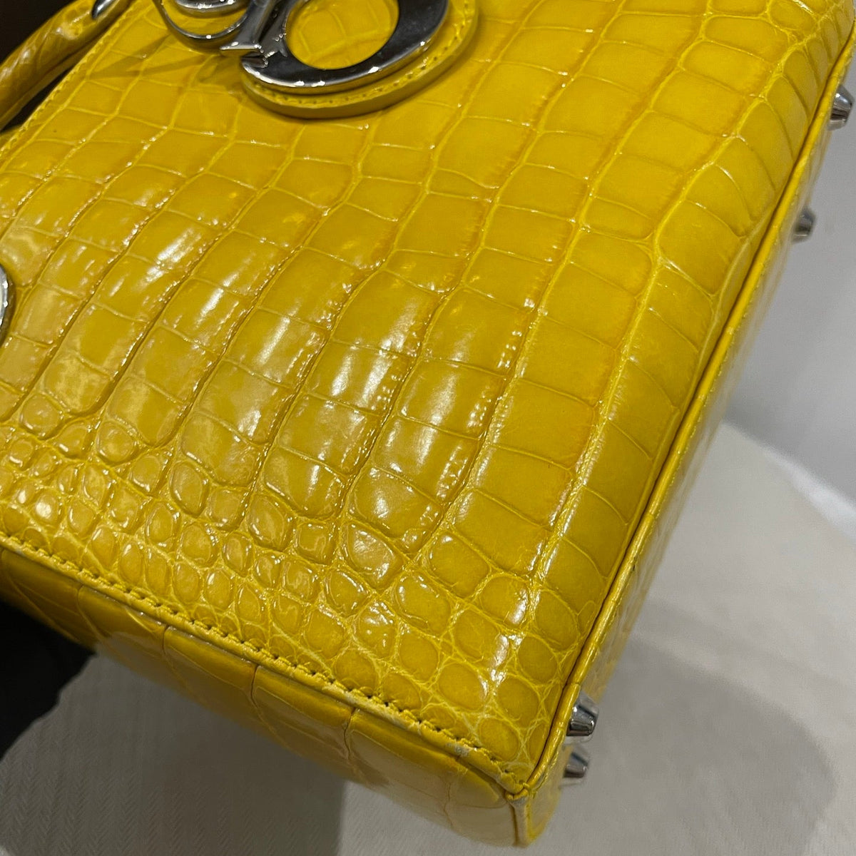 Dior Lady Dior Mini Yellow Crocodile Leather Handbag