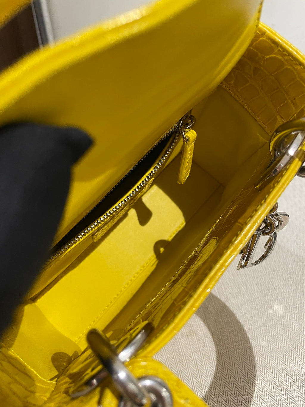 Dior Lady Dior Mini Yellow Crocodile Leather Handbag