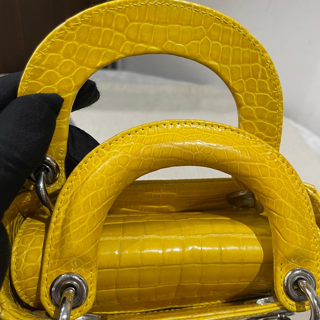 Dior Lady Dior Mini Yellow Crocodile Leather Handbag