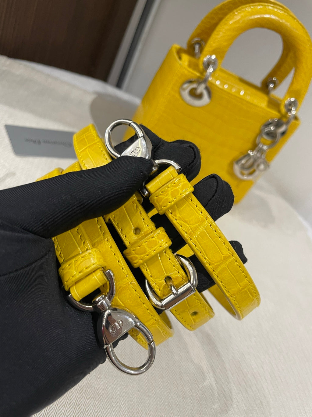 Dior Lady Dior Mini Yellow Crocodile Leather Handbag