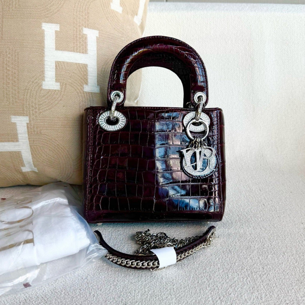Dior Lady Dior Mini Burgundy Crocodile Crystal Handbag