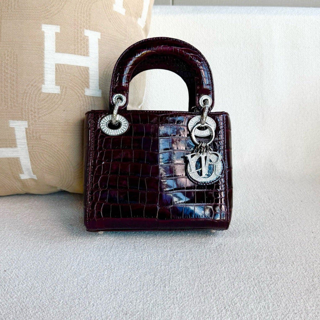 Dior Lady Dior Mini Burgundy Crocodile Crystal Handbag