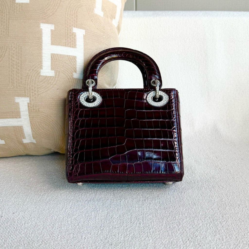 Dior Lady Dior Mini Burgundy Crocodile Crystal Handbag