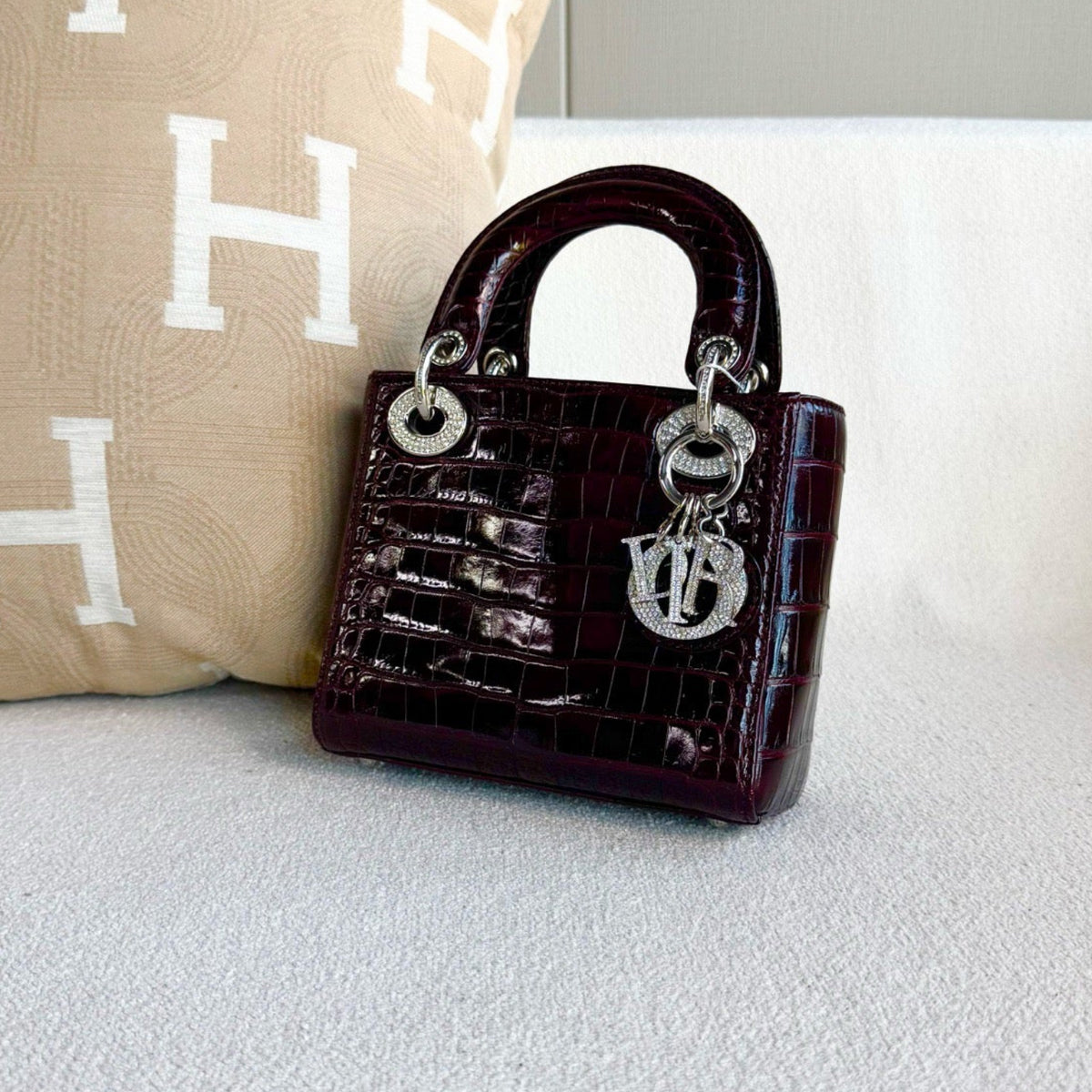 Dior Lady Dior Mini Burgundy Crocodile Crystal Handbag