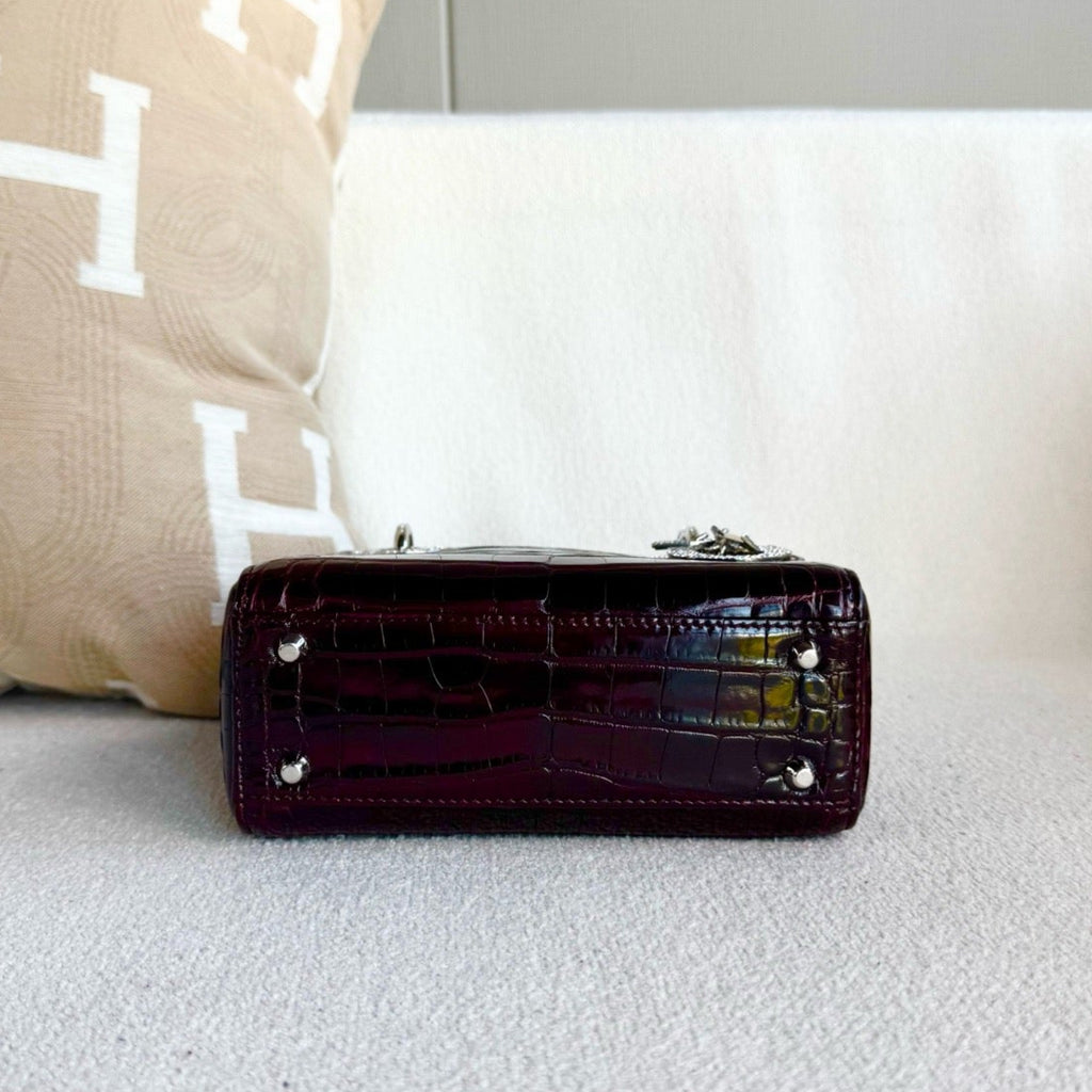 Dior Lady Dior Mini Burgundy Crocodile Crystal Handbag
