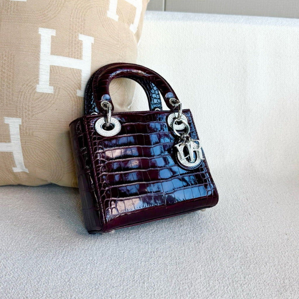 Dior Lady Dior Mini Burgundy Crocodile Crystal Handbag