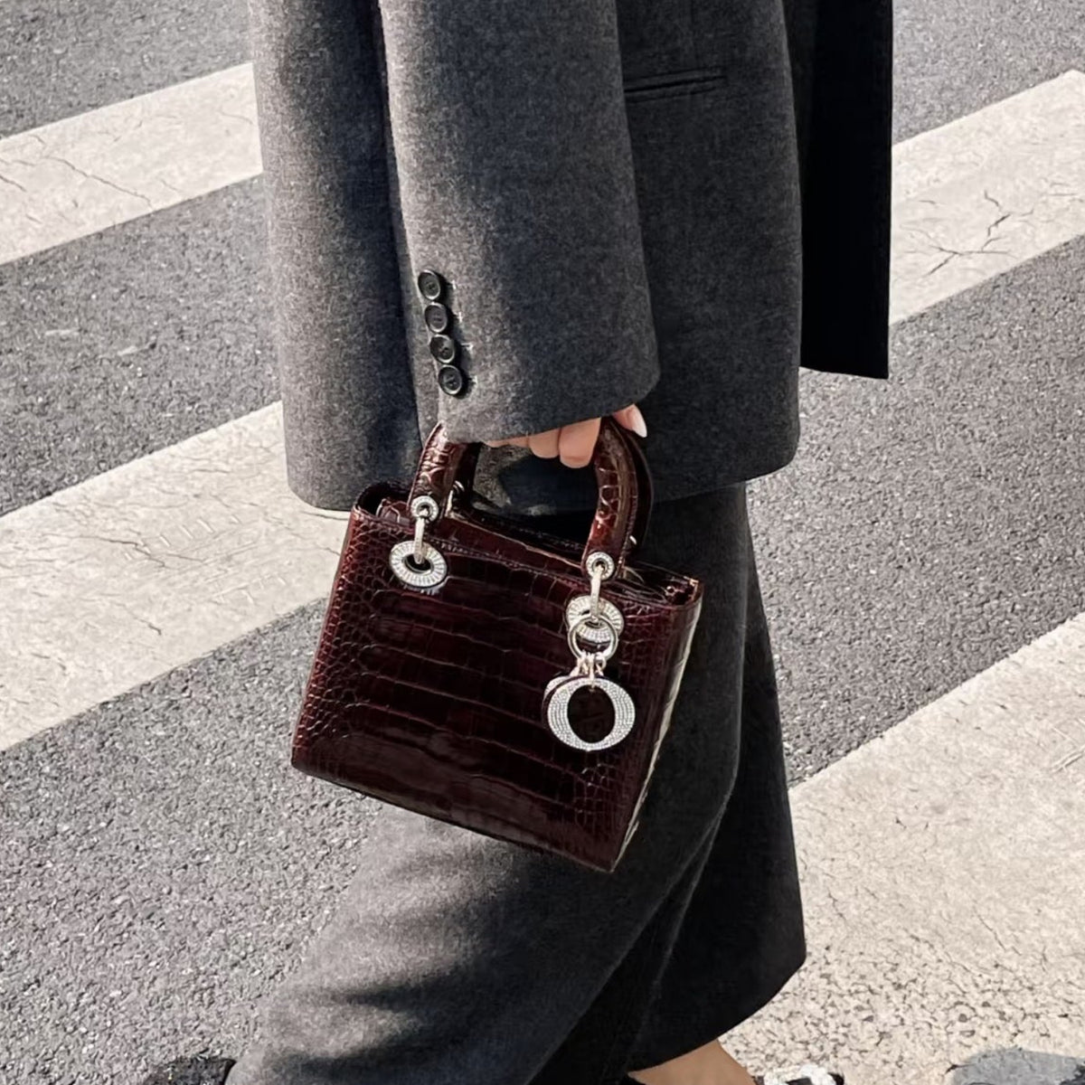 Dior Lady Dior Mini Burgundy Crocodile Crystal Handbag