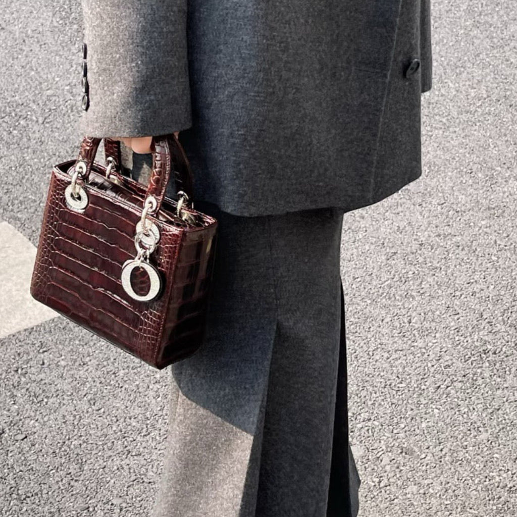 Dior Lady Dior Mini Burgundy Crocodile Crystal Handbag