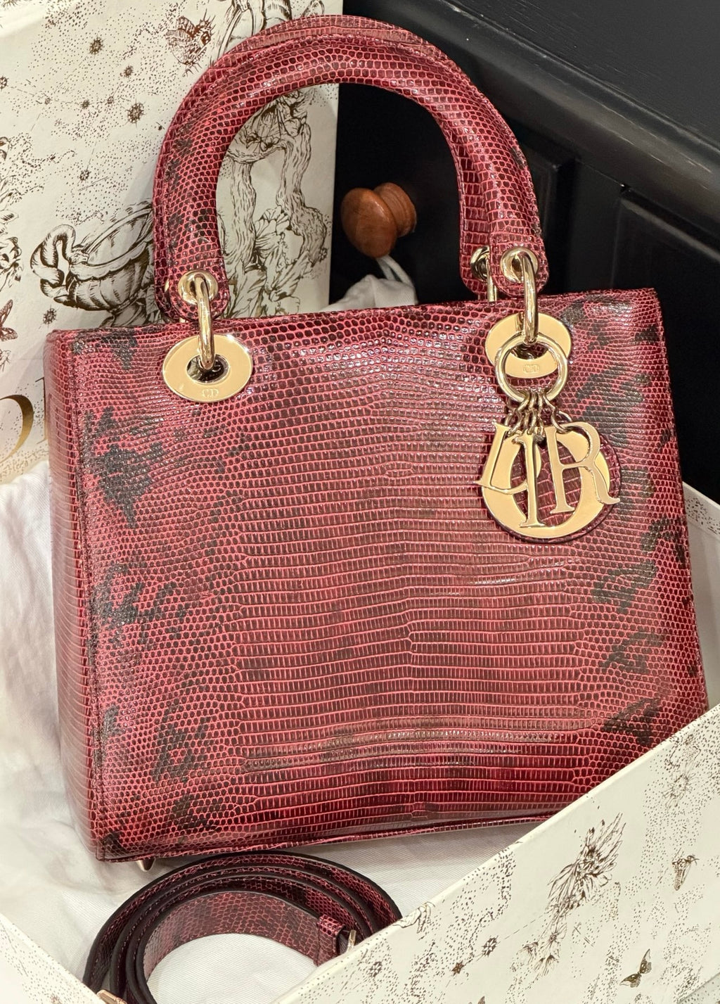 Dior Lady Dior Medium Burgundy Lizard Leather Handbag