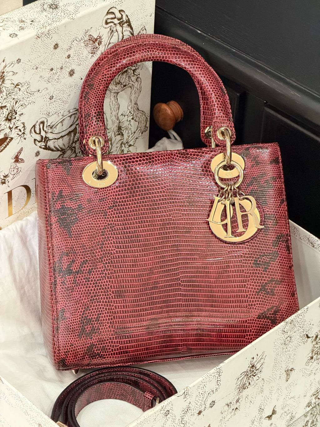 Dior Lady Dior Medium Burgundy Lizard Leather Handbag