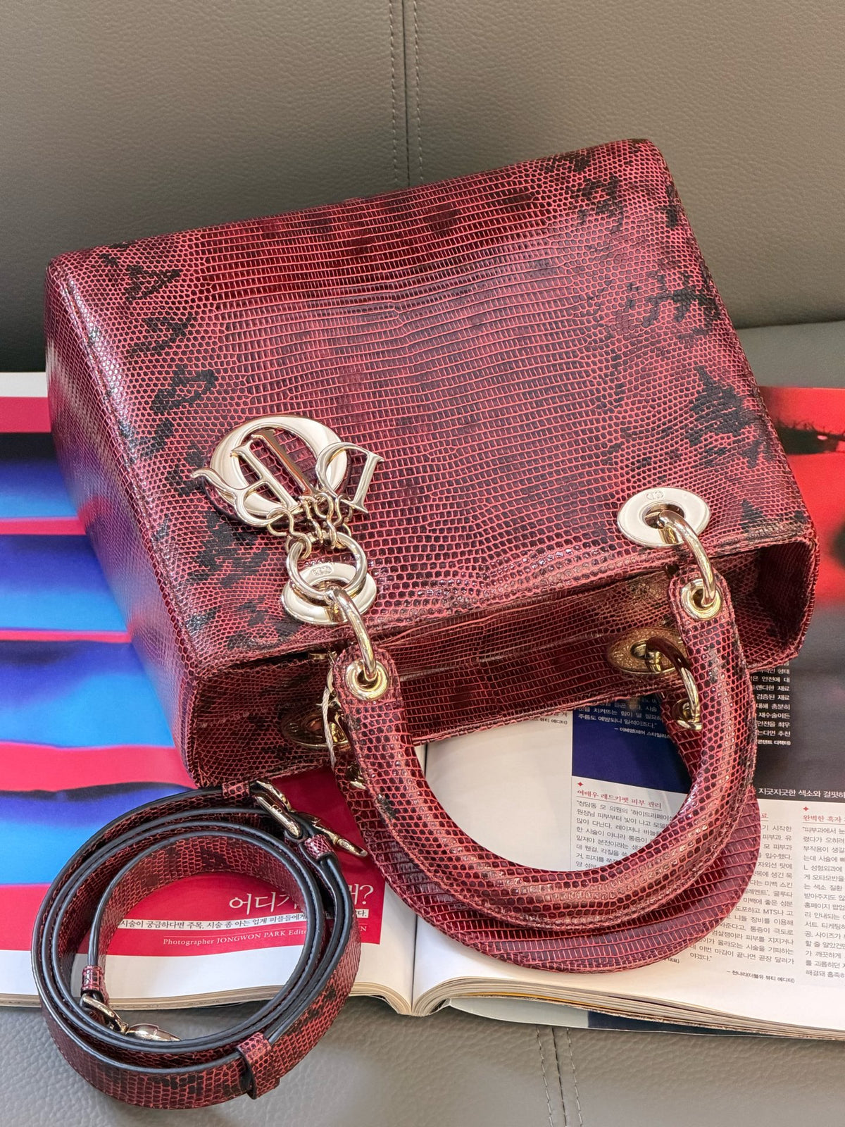 Dior Lady Dior Medium Burgundy Lizard Leather Handbag