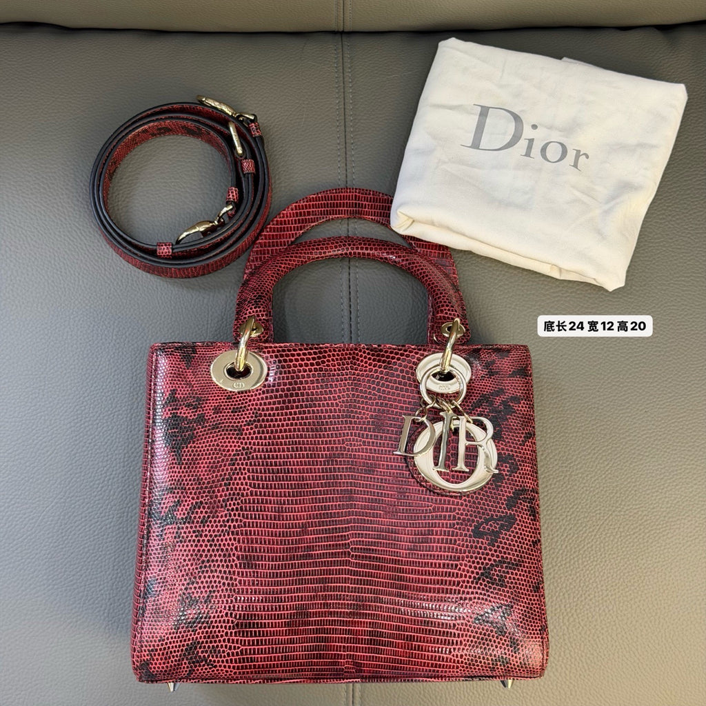 Dior Lady Dior Medium Burgundy Lizard Leather Handbag