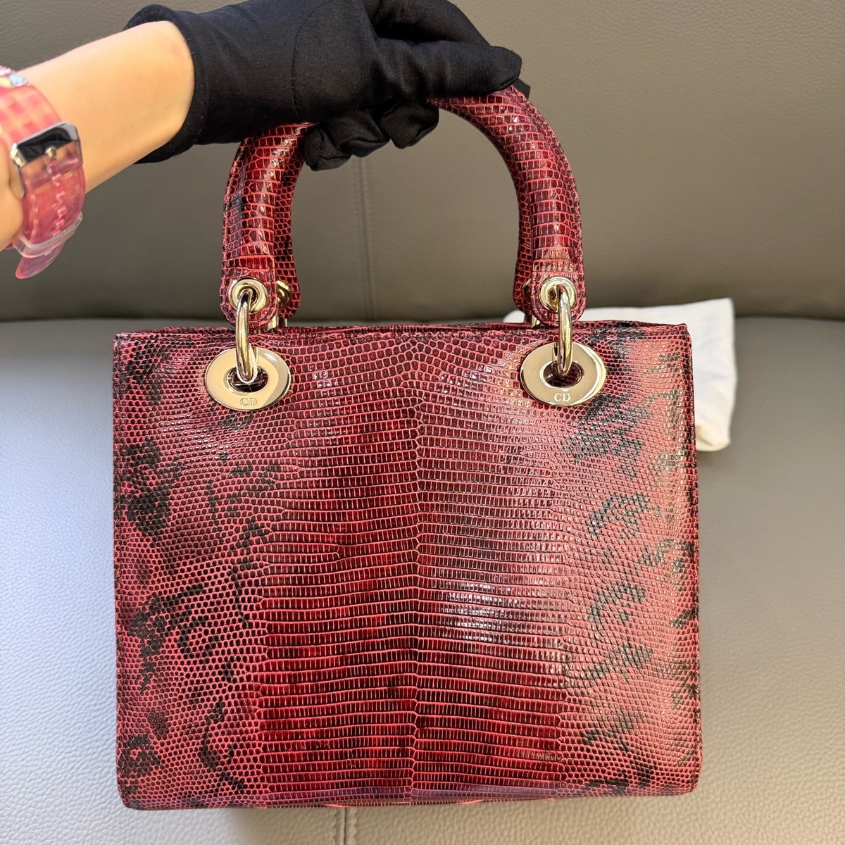Dior Lady Dior Medium Burgundy Lizard Leather Handbag