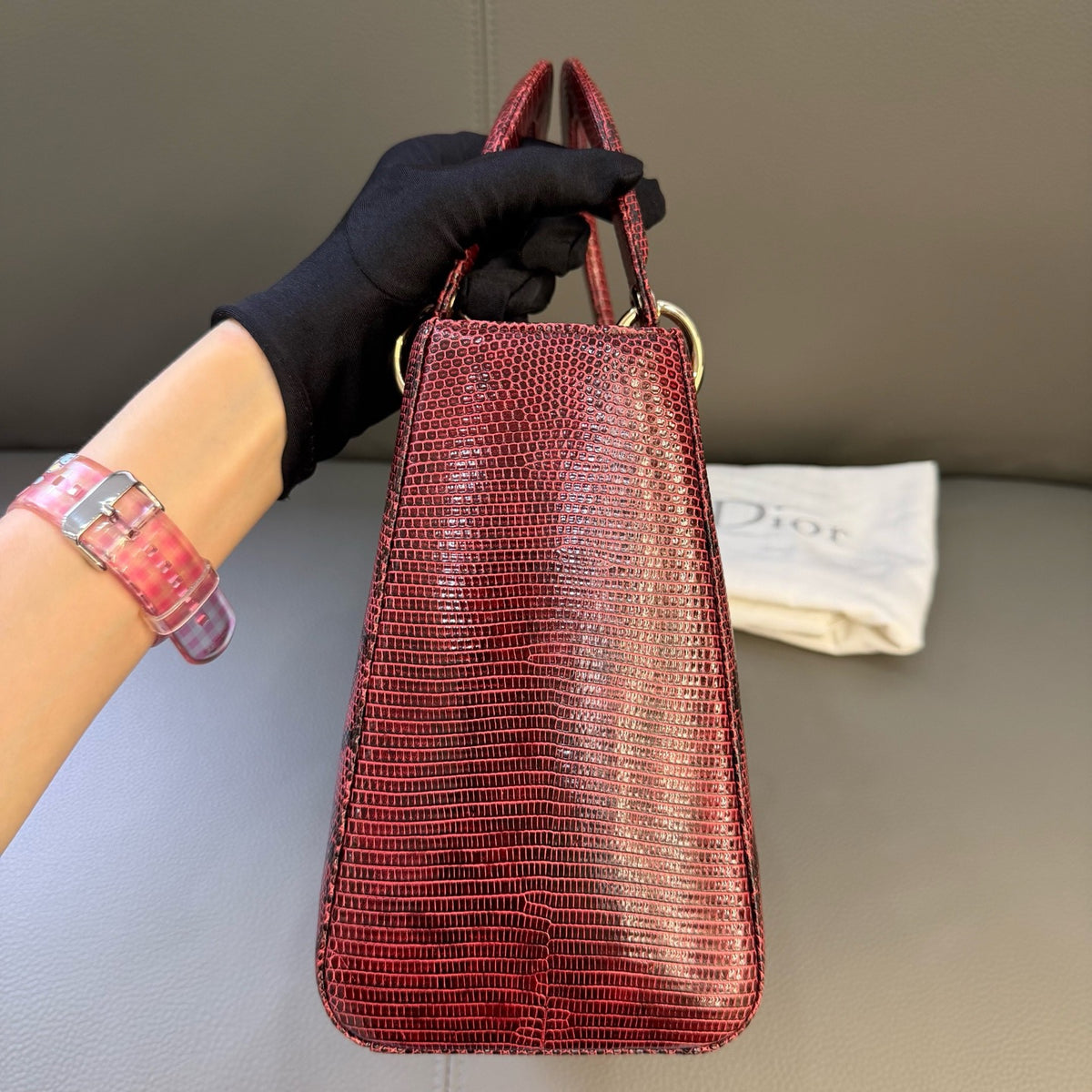 Dior Lady Dior Medium Burgundy Lizard Leather Handbag