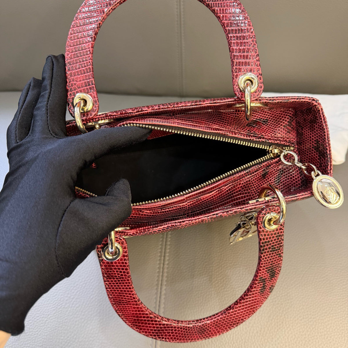 Dior Lady Dior Medium Burgundy Lizard Leather Handbag