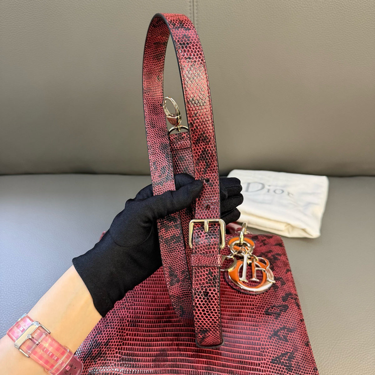 Dior Lady Dior Medium Burgundy Lizard Leather Handbag