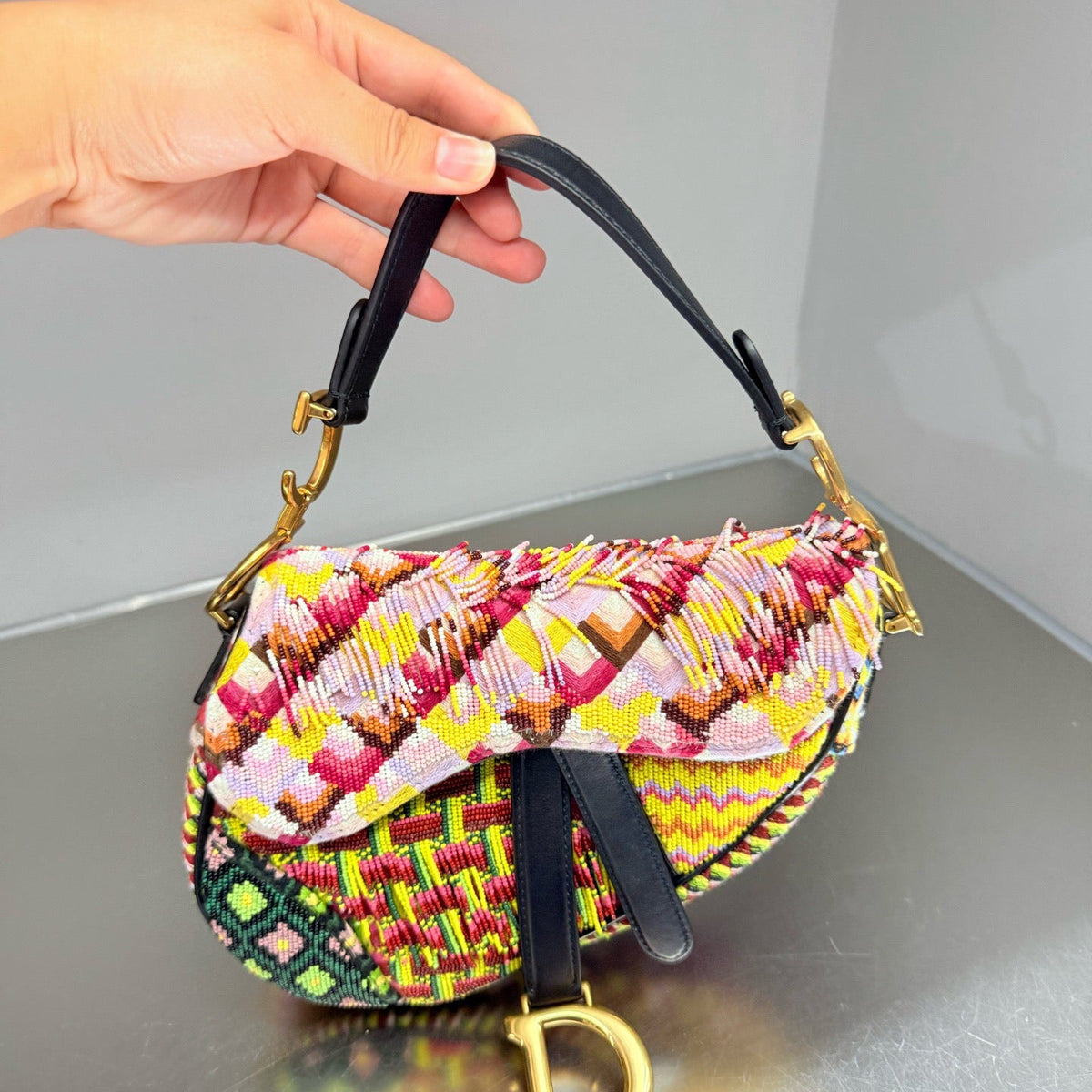 Dior Saddle Multicolor Beaded Fringe Shoulder Bag